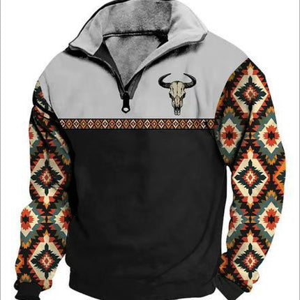 Digital Print Stand Collar Men's Street Zip-up Hoodie