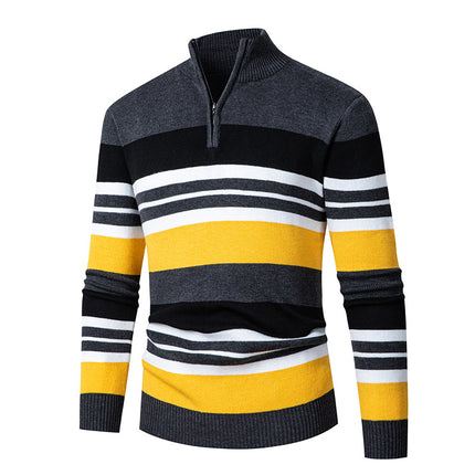 Casual Men's Long-sleeve Half-turtleneck Zip-up Versatile Striped Sweater