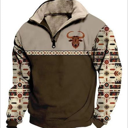 Digital Print Stand Collar Men's Street Zip-up Hoodie
