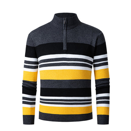 Casual Men's Long-sleeve Half-turtleneck Zip-up Versatile Striped Sweater